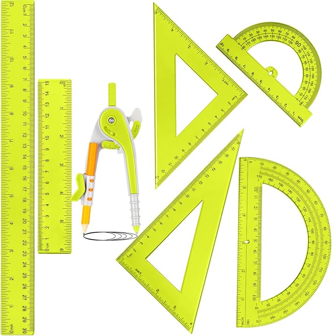 Zonon 1 Set Plastic Geometry Math Set 7 Pcs Includes 6'' / 4 '' Protractor, Drawing Compass, 45/60 Degree Triangle Rulers, 12'' / 6'' Math Ruler Transparent for Office Supplies(Yellow)