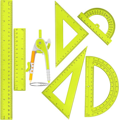 Zonon 1 Set Plastic Geometry Math Set 7 Pcs Includes 6'' / 4 '' Protractor, Drawing Compass, 45/60 Degree Triangle Rulers, 12'' / 6'' Math Ruler Transparent for Office Supplies(Yellow)