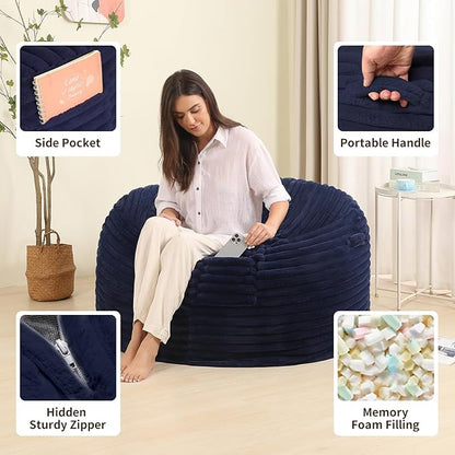Memory Foam Bean Bag Chair for Adults/Teens, Bean Bag Sofa with Fluffy Removable Cover, for Living Room Bedroom, 3FT Blue