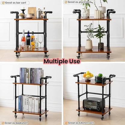 Industrial Pipe Bar Carts/Serving Carts/Kitchen Carts/Wine Rack Carts on Wheels with Shelves - Wood Rolling Carts - Wine Tea Liquor Shelves/Holder - Home Furniture (Two tiers pipe wood bar cart)