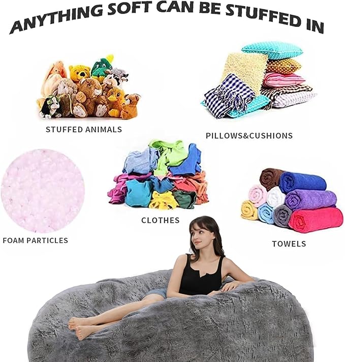 BCU 6FT Bean Bag Chair for Adults and Kids Without Filler Giant Stuffed Animal Storage Cover Soft Faux Fur Floor Chair Cover for Bedroom Living Room, Pink
