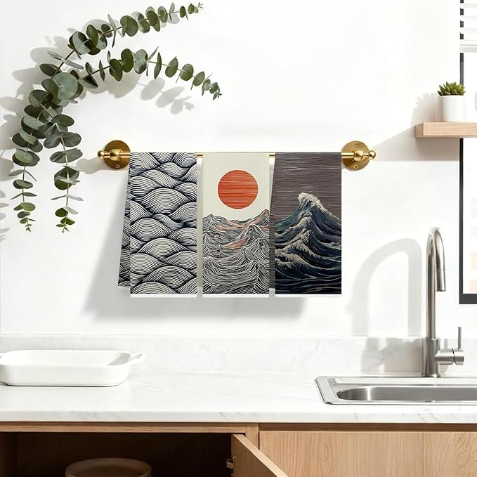 Japanese Sun Waves Kitchen Dish Towels, Ocean Lover Gifts, Boho Asian Oriental Coastal Nautical Decorative Hand Tea Towels for Bathroom Kitchen, 16x24 Inches Set of 3