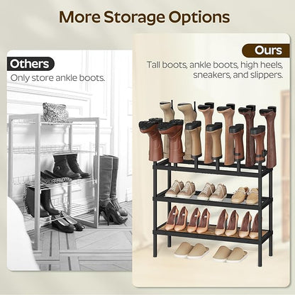 Free Standing Shoe Rack, 4 Tier Boots Rack Organizer, Tall Boots Rack for Closet, Cowboy Boot Storage, Holds 14 Pairs, Black and Rustic Brown SS29BR