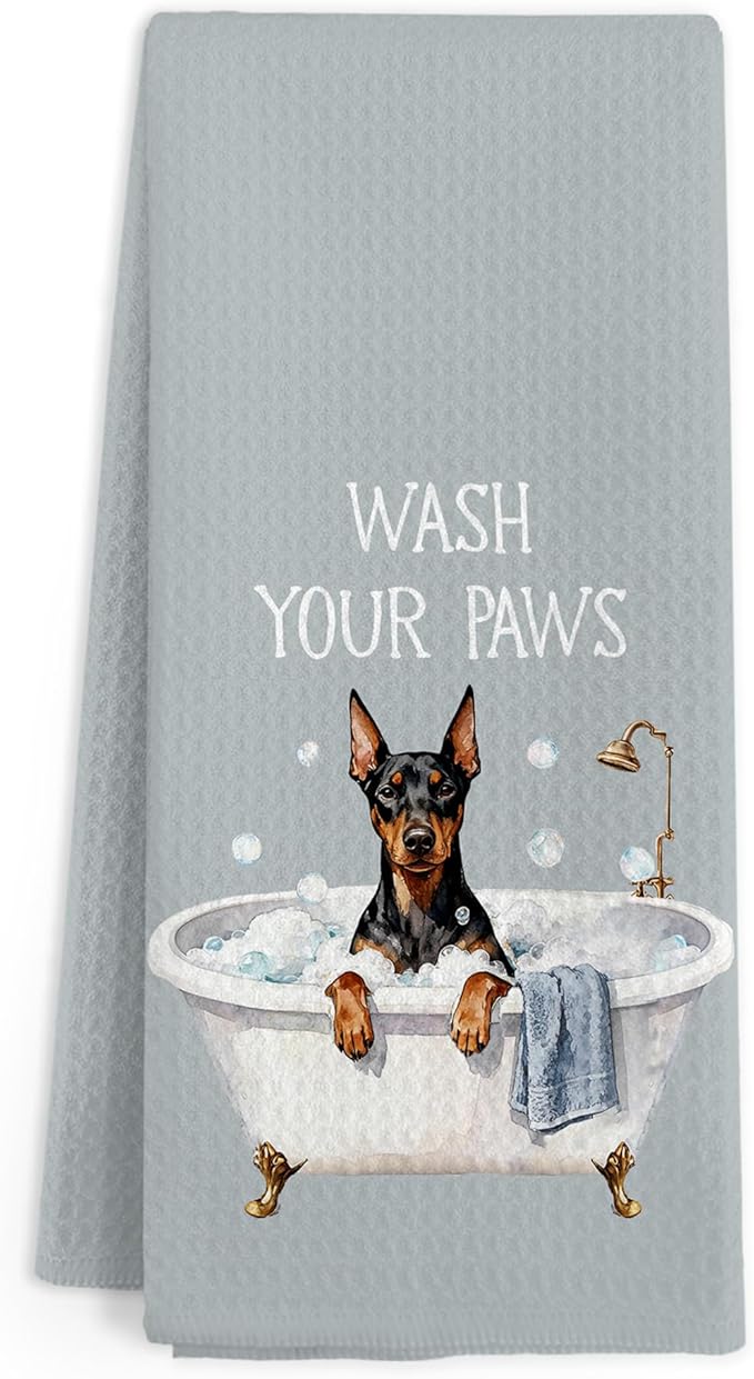 Funny Doberman Pinscher Dog Hand Towels for Bathroom, Doberman Pinscher Dog Decorative Hand Towels, Wash Your Paws Dish Tea Towel for Kitchen Bathroom Decor, Dogs Gifts Women Men, 16x24 Inch