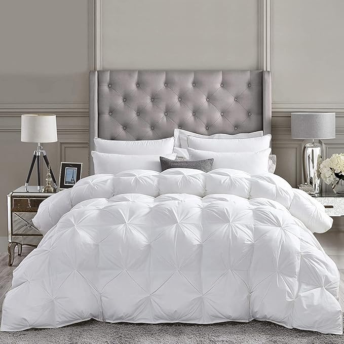 Luxurious Goose Down Feather Fiber Comforter Duvet Insert, Exquisite Pinch Pleat White Design, Oversize Palatial King White 128 x 98, Premium Baffle Box 100% Egyptian Cotton, 80 oz Fill Weight