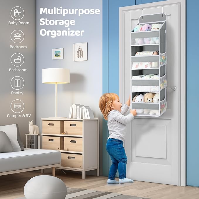 Yecaye 3 Pack Over the Door Organizer, 35.2lbs Load Toy Stuffed Animal Storage, Swing-proof Hanging Bathroom Organizers and Storage for Nursery Newborn Baby Essential Stuff Dorm Room Essentials Grey