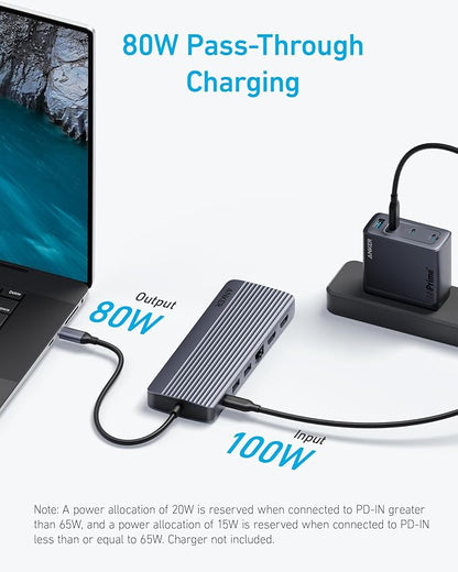 Anker Laptop Docking Station 3 Monitors, 14 in 1 USB C Hub, Triple Display USB C Docking Station with Dual 4K HDMI, 1080p VGA, 80W PD, USB-A/C Data Ports for Dell XPS and More (Charger not Included)