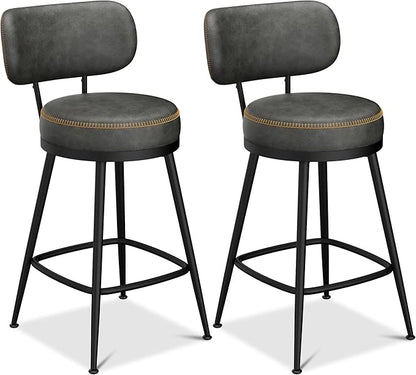 Counter Height Bar Stools, 26" H Swivel Barstools Set of 8, Faux Leather Kitchen Counter Stools with Back and Stylish Stitching, Metal Frame, Pub, Home Bar, Black Grey