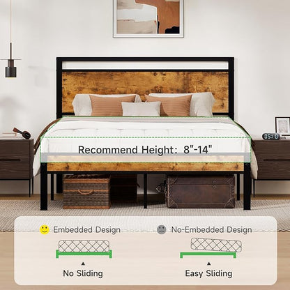 Z-hom Queen Bed Frame with Modern Wood Headboard & Footboard, Upgraded Heavy Duty Metal Sturdy Bed Frame Queen Size, Stable Platform Bed Furniture Bed Storage, No Noise, No Box Springs, Vintage Brown
