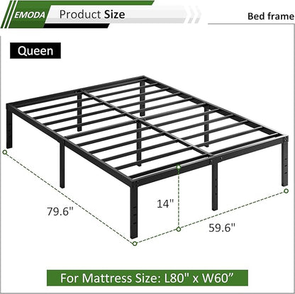 EMODA Queen Bed Frame No Box Spring Needed 14 Inch Heavy Duty Metal Platform BedFrame Queen Size with Steel Slats, Easy Assembly, Black