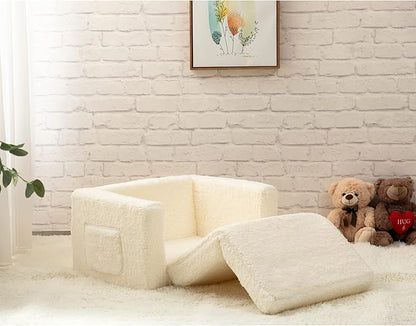 ALIMORDEN 2-in-1 Flip Out Cuddly Sherpa Kids Couch, Convertible Sofa to Lounger, Cream