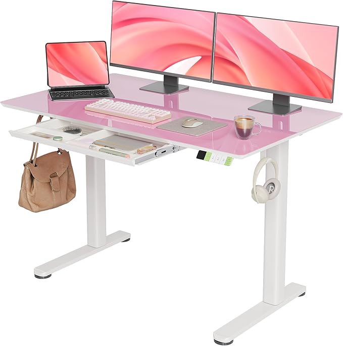 INNOVAR Glass Standing Desk with Drawers, Adjustable Height Stand Up Desk, Electric Standing Desks with Storage, 48 inch, Morandi Powder