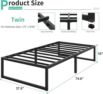 16 Inch Twin Size Bed Frames Heavy Duty Metal Twin Platform Bed Frame No Box Spring Needed, Noise Free, Easy Assembly, Black