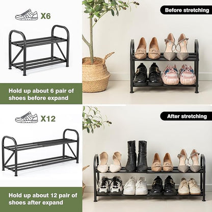2-Tier Shoe Rack for Closet, 16"-33" Expandable ShoeRack, Adjustable for Entryway Closet Doorway SturdyMetal, Black