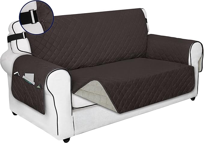 PureFit Reversible Sofa Cover Water Resistant Loveseat Couch Cover, Machine Washable Furniture Cover with Non-Slip Foam and Adjustable Strap for Dogs, Pets (Loveseat, Chocolate/Beige)