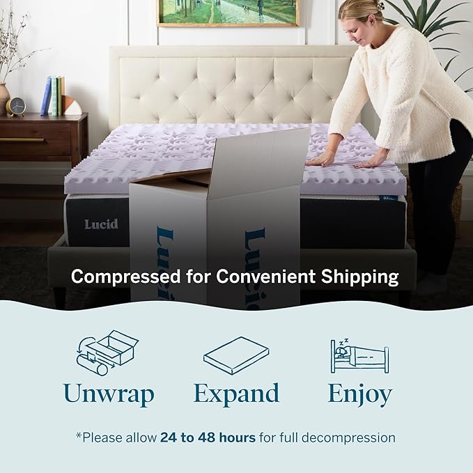 Lucid Lavender Infused 3 Inch Memory Foam Mattress Topper - Twin XL Size - Plush Feel - 5 Convoluted Zones - CertiPUR Certified - New Home Owner & Dorm Room Essentials