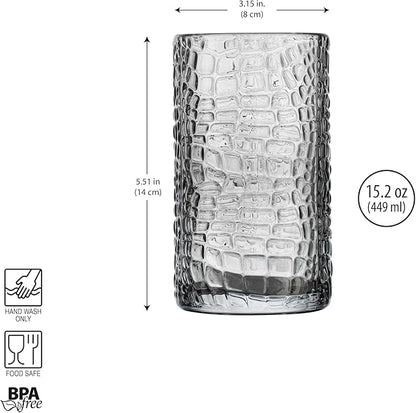 Glaver's Highball Glasses Set of 4 Smoke Drinking Glasses, 15 Ounce Crackle Textured Newly Designed Patent Glassware Heavy Bar Home Party Decor Black Kitchen Glasses, Water Juice Cocktails