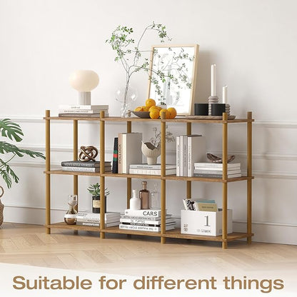 YGYQZ 3 Tier Short Book Shelf, 6 Cube Storage Shelf Organizer Bookshelf with Open Back, Long Horizontal Book Shelves for Office, Living Room, Bedroom, Rustic Brown