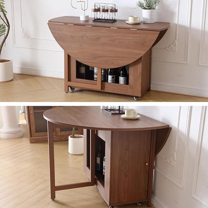 47.3" Round Folding Dining Table for 4-8, Wood Kitchen Foldable Table Large Drop Leaf Dinner Table with Storage Shelf Metal Legs for Home Dining Room Living Room in Walnut