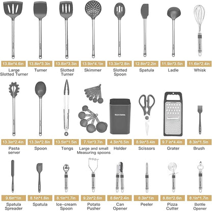 Kitchen Utensil Set-Silicone Cooking Utensils-33 Kitchen Gadgets & Spoons for Nonstick Cookware-Silicone and Stainless Steel Spatula Set-Best Kitchen Tools, Useful Pots (Grey)