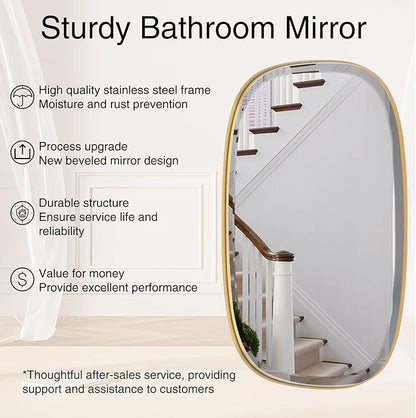 POZINO Brushed Gold Beveled Mirror, 24"x40" Modern Rectangle Mirrors with Stainless Steel Frame, Brass Oblong Vanity Wall Mirror for Bathroom Living Room Entryway, Hangs Vertically or Horizontally