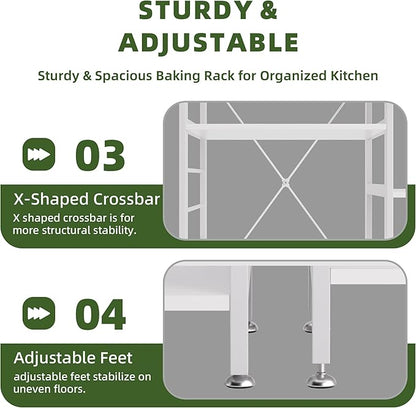 Baker’s Rack, Microwave Oven Stand with Bamboo Frame, 35.43" Coffee Bar with Wire Basket & 6 Hooks, 3-Tier Kitchen Storage Shelf Stand for Kitchen, Living Room, Office, White