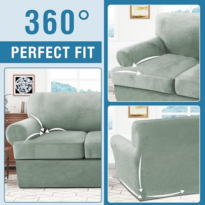 H.VERSAILTEX Sofa Cover 2 Piece T Cushion Armchair Slipcovers Thick Velvet Couch Cover Stretch T Cushion Sofa Covers for 1 Cushion Couch with 1 Individual T Cushion Covers Washable, Sea Grass
