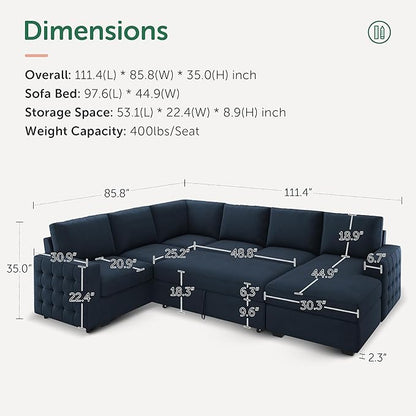 HONBAY Sectional Sleeper Sofa with Pull Out Bed U-Shape Sectional Couch Sleeper Bed with Storage Chaise Lounge Living Room 6 Seater Sectional Sofa,Velvet Dark Blue