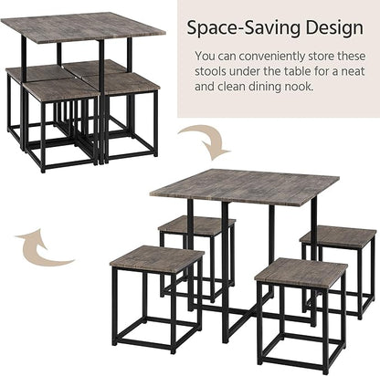 Yaheetech Industrial Dining Table Set for 4 Compact Kitchen Table and 4 Stools, Space-Saving Design for Apartment, Small Space, Breakfast Nook, Drift Brown