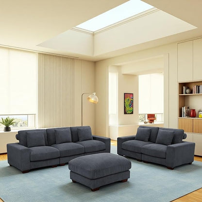 Sectional Couches for Living Room, Stylish Sectional Loveseat Sofa with Ottoman & Deep Seats, Living Room Furniture Home Sofa for Adults, Blue Gray