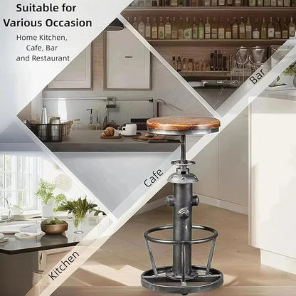 Swivel Bar Stool Industrial Coffee Kitchen Dining Chair Fire Hydrant Design Height Adjustable 24.8-30.7inch Wooden Seat