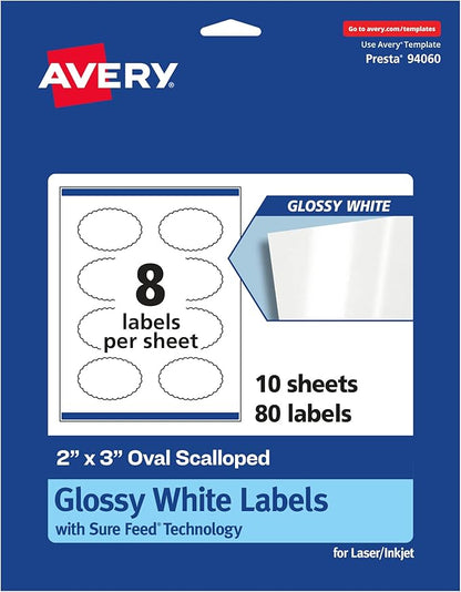 Avery Glossy White Oval Scalloped Labels, Sure Feed Technology, 2" x 3", 80 Glossy White Labels, Print-to-The-Edge, Permanent Adhesive, Laser/Inkjet Printable