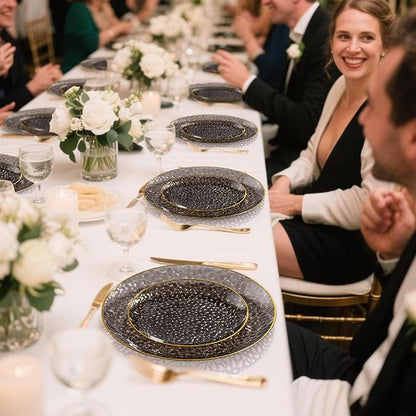 DaYammi 100 Pcs Black Gold Plastic Plates - 10 inch Clear Black Gold Dinner Plates - Hammer Pattern Design - Fancy Disposable Plate - Heavy Duty Party Plate Ideal for Party and Wedding