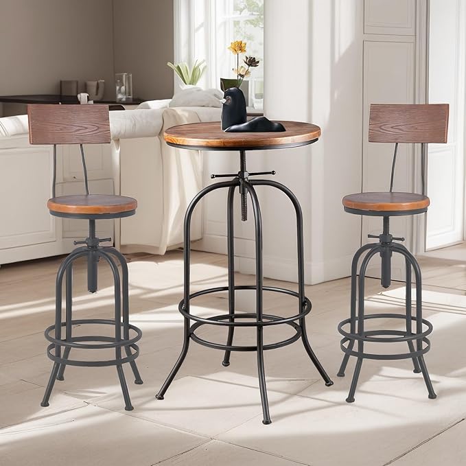 Industrial Bar Table Height Adjustable 37.4-45.3inch Vintage Swivel Pub Tables Solid Wood Top Metal Base with Footrest