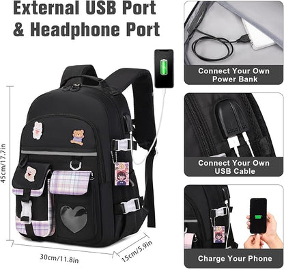 Backpack for Girls - Bookbag Backpacks Schoolbag for Girls Kids Teen Women Casual Travel Daypacks - School Bag Elementary Middle School College Cute Backpack with Lunch Box (Black Purple)