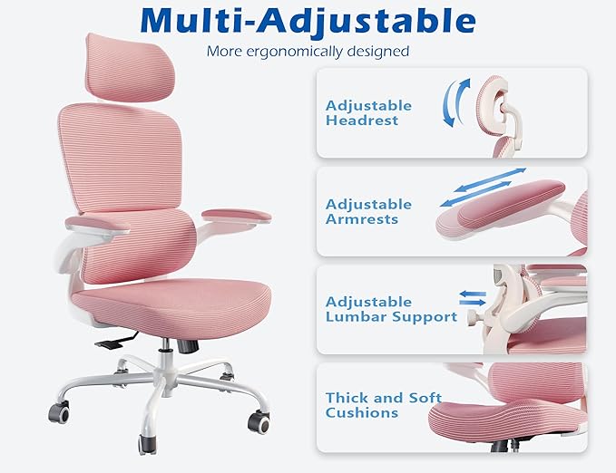 TRALT Ergonomic Office Chair - Desk Chair with Adjustable Headrest Lumbar Support Computer Chair - Mesh Comfy Chair with Flip-up Armrests - Gaming Chairs for Adults Home Office (Leather, Pink)