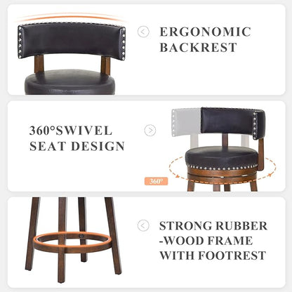 COLAMY Swivel Bar Stools Set of 4, 25 Inch Wood Swivel Barstools with Back, Counter Height Bar Stools, Modern Upholstered Barstools for Kitchen Island Dining Room Bar, Dark Brown