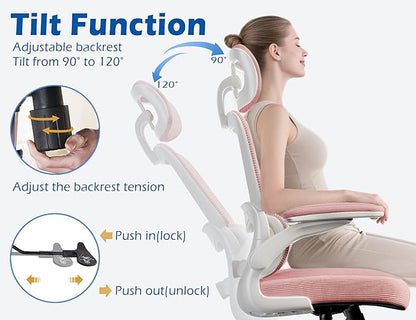 TRALT Ergonomic Office Chair - Desk Chair with Adjustable Headrest Lumbar Support Computer Chair - Mesh Comfy Chair with Flip-up Armrests - Gaming Chairs for Adults Home Office (Leather, Pink)