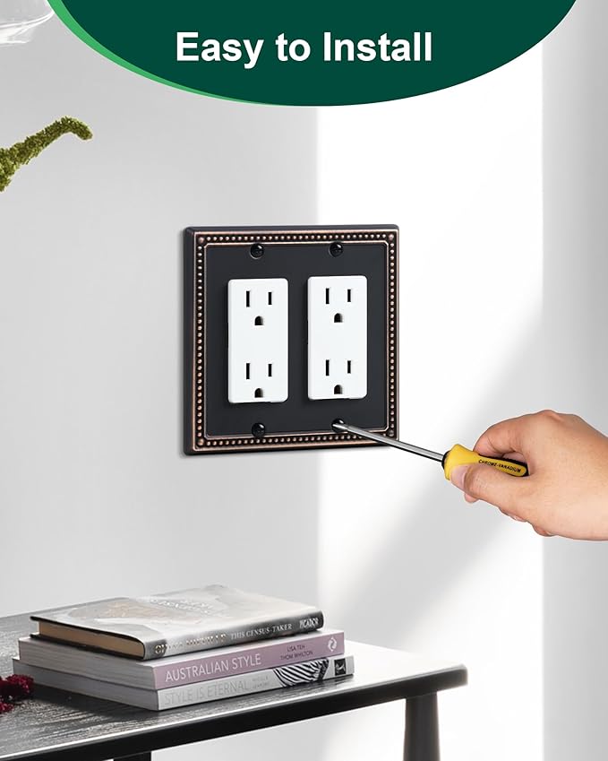 2-Pack Double Decorator Outlet Cover Plate, Pearls Decorative Switch Plates and Outlet Covers, 2 Gang Aged Bronze Metal Wall Plates, Corrosion Resistant