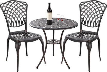 Bronze Patio Bistro Set - 3 Piece Outdoor Cast Aluminum Furniture, Large Table & Chairs, Weather Resistant, Adjustable Foot Pads, Umbrella Hole