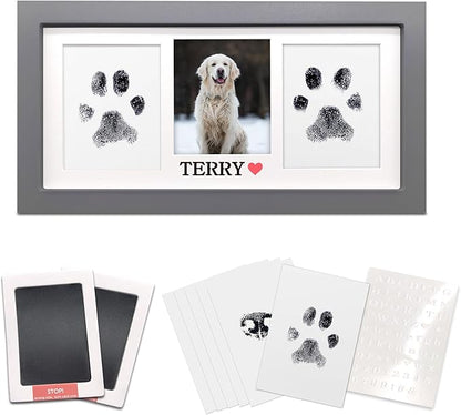 MYPAWLETS Paw Print Frame & Ink Pads Kit,Dog or Cat Paw Print Kit,2 No Mess Ink Pads for Pets,Paw Print Stamp Pad for Dogs,Wooden Pet Memorial Frame,Personalized Pet Paw Print Gifts-Grey