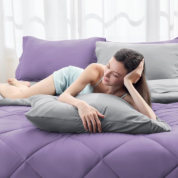 HEVUMYI Twin-XL Comforter Set - 5-Piece All Season Bed in a Bag Twin-XL, Ultra Soft Bedding Set with Comforter, Flat Sheet, Fitted Sheet, Pillowcases, Pillow Shams, Purple & Light Grey