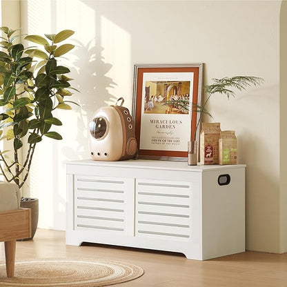 DINZI LVJ Storage Chest, 43.3” Wooden Toy Box with 2 Safety Hinges, Retro Entryway Shoe Storage Bench with Flip-Top, Sturdy Large Storage Trunk for Living Room, Bedroom, Easy Assembly, White