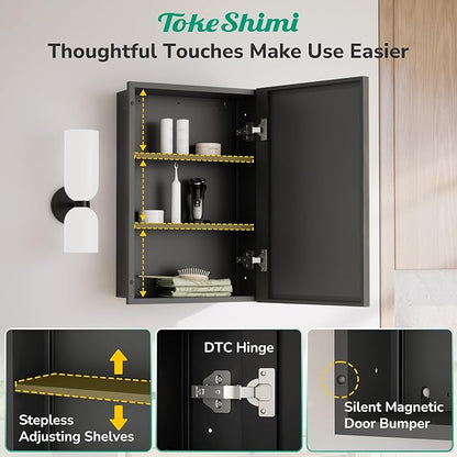 TokeShimi 16 x 24 Beveled Mirrored Medicine Cabinet Recessed, Bathroom Mirror with Storage Adjustable, Aluminum Frame Metal Oil Rubbed Bronze Medicine Cabinet with Mirror