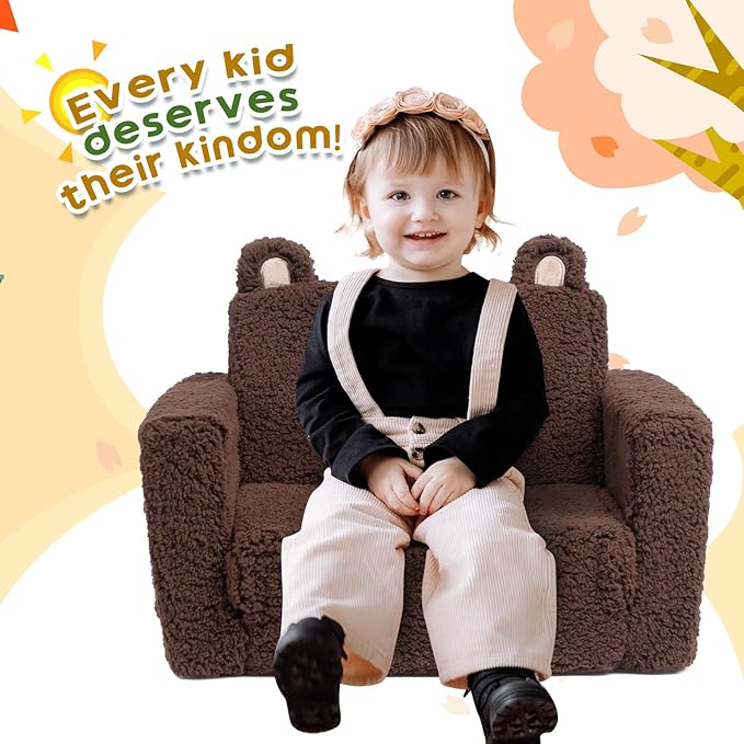 ALIMORDEN Fold Out Toddler Couch, Comfy 2-in-1 Cuddly Sherpa Bear Chair for Kids, Convertible Sofa to Lounger, Kids Cozy Corner Play Couch for Boys and Girls, Chocolate