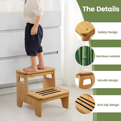 Wooden Step Stools for Kids, Heavy Duty Bamboo 2-Step Stepping Stools for Toddlers, DIY Non-Slip Pads & Handles, for High Bed, Bathroom, Toilet, Kitchen, RV, Natural