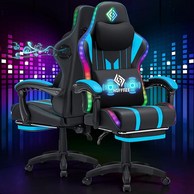 HOFFREE Gaming Chair with Music Rhythm RGB LED Lights and Bluetooth Speakers Ergonomic Massage Computer Gaming Chair with Footrest Video Game Chair High Back with Lumbar Support Blue and Black