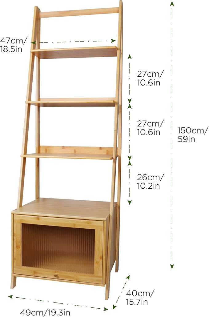5-Tier Bamboo Ladder Bookshelf with Flip-Up Storage Cabinet - Large Capacity Mid Century Modern Bookcase, Space Saving Accent Furniture Open Display Rack Shelf for Bedroom Living Room Home Office