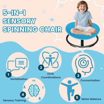 21" L × 19" W Large Size Spinning Chair for Autistic Kids, Toddler Sensory Spinning Chair, Sensory Toys Gifts for Kids with Autism & ADHD, Sit and Spin Training Body Coordination, Azure Rounded Shape