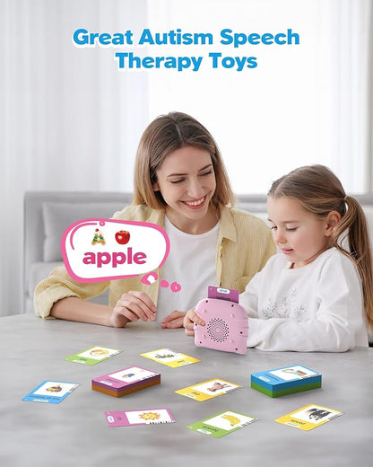 Talking Flash Cards for Toddlers 1 2 3 4 Year Olds, Montessori Language Learning with 224 Words, Pocket Speech Therapy Playthings, Children's Sensory Educational Device, Pink